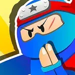 Personaje de dibujos animados vestido de ninja azul con banda roja y expresión decidida