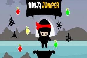 Un ninja con una cinta roja en la cabeza salta en una plataforma, rodeado de frutas y shurikens en un paisaje con fondo de montañas