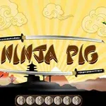 Un cerdito púrpura está en una plataforma con espadas samurái en el centro y un pulpo verde en otra plataforma; el fondo presenta un paisaje con siluetas de árboles y montañas al atardecer