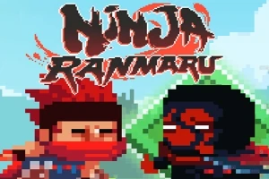 Dos personajes pixelados, uno con cabello rojo y otro con máscara negra, junto al texto Ninja Ranmaru en letras rojas estilizadas