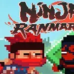 Dos personajes pixelados, uno con cabello rojo y otro con máscara negra, junto al texto Ninja Ranmaru en letras rojas estilizadas