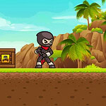 Un personaje ninja en un entorno tropical con cajas apiladas y palmeras al fondo