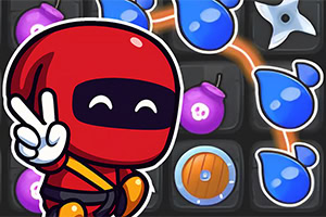 Ninja de caricatura en rojo haciendo señal de paz con fondo de burbujas y objetos azules conectados