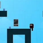 Personaje con apariencia de ninja sobre una plataforma en un escenario azul con ventanas