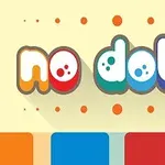 Texto estilizado que dice no dots en colores brillantes sobre un fondo beige con pequeños círculos naranjas alrededor