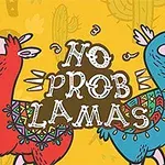 Dos llamas coloridas, una roja y otra azul, con la frase No Prob Llamas sobre un fondo amarillo con cactus