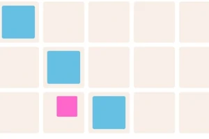 Cuadrícula de fondo beige con cuadros de colores azul y rosa dispersos