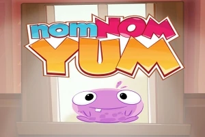 Personaje púrpura con ojos grandes debajo de un letrero colorido que dice nom NOM YUM