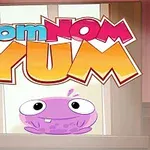 Personaje púrpura con ojos grandes debajo de un letrero colorido que dice nom NOM YUM