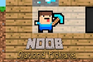 Dibujo pixelado de un personaje con un pico azul junto a las palabras NOOB y Diamond Pickaxe en un fondo de bloques de madera