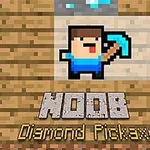 Dibujo pixelado de un personaje con un pico azul junto a las palabras NOOB y Diamond Pickaxe en un fondo de bloques de madera