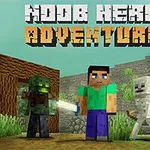 Personaje pixelado con camiseta azul junto a criaturas con aspecto monstruoso en un entorno de bloques, con el texto Noob Hero Adventure en la parte superior