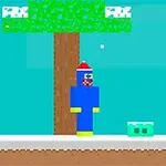 Personaje pixelado azul con gorro rojo al lado de un árbol y un enemigo verde, en un ambiente nevado con una llave dorada en el suelo