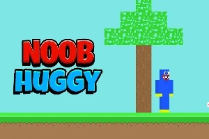 Personaje pixelado en un entorno 2D con un árbol y un suelo de pasto, acompañado del texto NOOB HUGGY