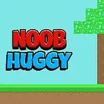 Personaje pixelado en un entorno 2D con un árbol y un suelo de pasto, acompañado del texto NOOB HUGGY