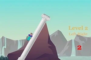 Un personaje subiendo una columna inclinada frente a un paisaje de montañas con texto que indica Level 2 y 2