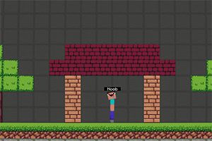 Personaje pixelado bajo un techo de ladrillos con árboles al fondo y un letrero que dice Noob