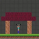 Personaje pixelado bajo un techo de ladrillos con árboles al fondo y un letrero que dice Noob
