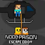 Personajes pixelados colgando de un helicóptero sobre un texto que dice NOOB PRISON ESCAPE OG