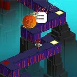 Un personaje corre por un camino zigzagueante seguido por una esfera naranja con un fondo abstracto en tonos azules