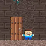 Personaje pixelado frente a una puerta de madera en una pared de ladrillos oscuros