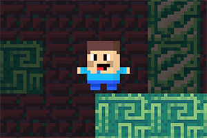 Personaje pixelado con camisa azul y pantalones oscuros en un entorno de bloques verdes y marrones con patrones geométricos