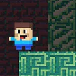 Personaje pixelado con camisa azul y pantalones oscuros en un entorno de bloques verdes y marrones con patrones geométricos