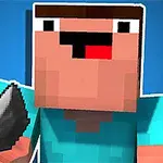 Personaje de bloques con camiseta azul sosteniendo un objeto gris, sobre un fondo azul