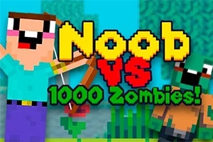 Personaje cuadrado sosteniendo un arco junto a un zombi, con el texto Noob vs 1000 Zombies