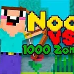 Personaje cuadrado sosteniendo un arco junto a un zombi, con el texto Noob vs 1000 Zombies