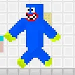 Un personaje pixelado enfrenta a una criatura azul grande con boca roja y ojos saltones en un fondo blanco cuadriculado