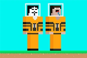 Dos personajes pixelados con trajes anaranjados y cascos de astronauta sobre un fondo azul