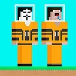 Dos personajes pixelados con trajes anaranjados y cascos de astronauta sobre un fondo azul