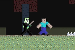 Un personaje con camiseta azul y pantalones azules es perseguido por otra figura con una máscara blanca y un cuchillo en un entorno pixelado