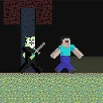 Un personaje con camiseta azul y pantalones azules es perseguido por otra figura con una máscara blanca y un cuchillo en un entorno pixelado