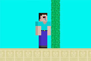 Personaje pixelado de pie junto a un cactus en un ambiente de bloques sobre suelo arenoso