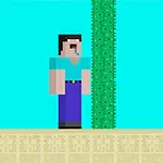 Personaje pixelado de pie junto a un cactus en un ambiente de bloques sobre suelo arenoso