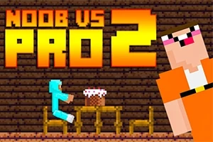 Personajes pixelados en una habitación de madera con un pastel sobre una mesa y el texto Noob vs Pro 2