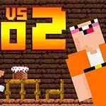 Personajes pixelados en una habitación de madera con un pastel sobre una mesa y el texto Noob vs Pro 2