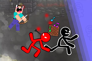 Personaje pixelado con arco y flecha disparando a figuras de palitos animadas mientras una caja de música flota cerca