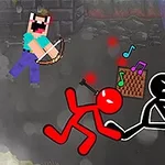 Personaje pixelado con arco y flecha disparando a figuras de palitos animadas mientras una caja de música flota cerca
