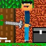 Un personaje pixelado sostiene una espada frente a una criatura verde con una calavera y huesos en el suelo, junto a un cofre y un árbol