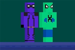 Dos personajes pixelados, uno morado y otro verde, con expresiones faciales enojadas en un fondo oscuro