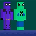 Dos personajes pixelados, uno morado y otro verde, con expresiones faciales enojadas en un fondo oscuro
