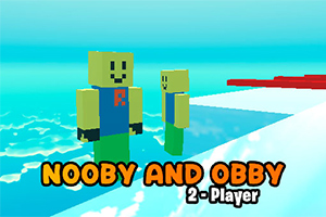Dos personajes de bloques con caras sonrientes, uno más grande que el otro, sobre una plataforma en un entorno azul cielo