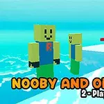 Dos personajes de bloques con caras sonrientes, uno más grande que el otro, sobre una plataforma en un entorno azul cielo