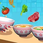 Unas manos sostienen un tazón vacío al lado de dos tazones llenos de sopa, con ingredientes como tomate, brócoli, trigo y carne flotando en el aire sobre un fondo azul