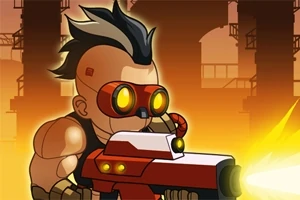 Personaje con mohawk y visor amarillo empuñando un arma futurista en un entorno industrial