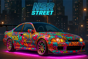 Auto deportivo con pintura de grafiti colorida y luces de neón rosadas en una ciudad nocturna