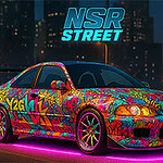 Auto deportivo con pintura de grafiti colorida y luces de neón rosadas en una ciudad nocturna